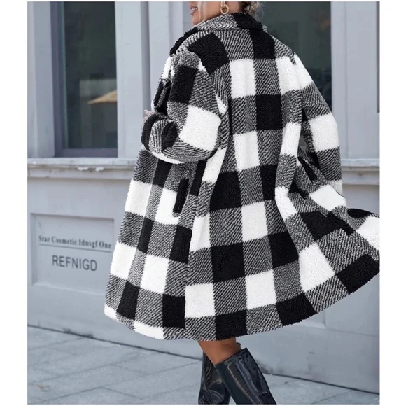 Cozy Plaid Teddy Open Front Jacket Coat - Picture 5 of 5